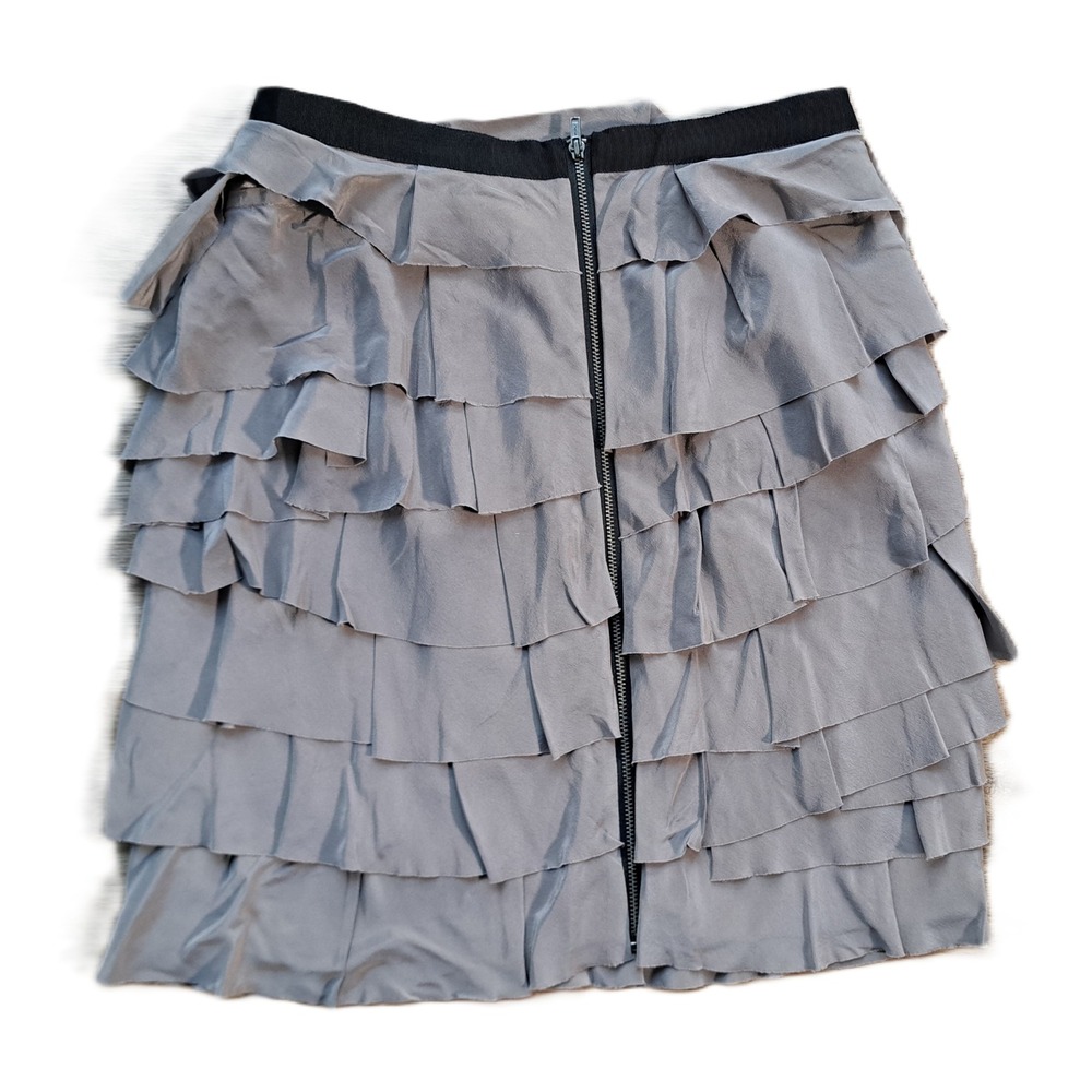 Club Monaco Grey‎ 100% Silk Tiered Ruffle Mini Skirt Size 2 Exposed Back Zip - Picture 3 of 8